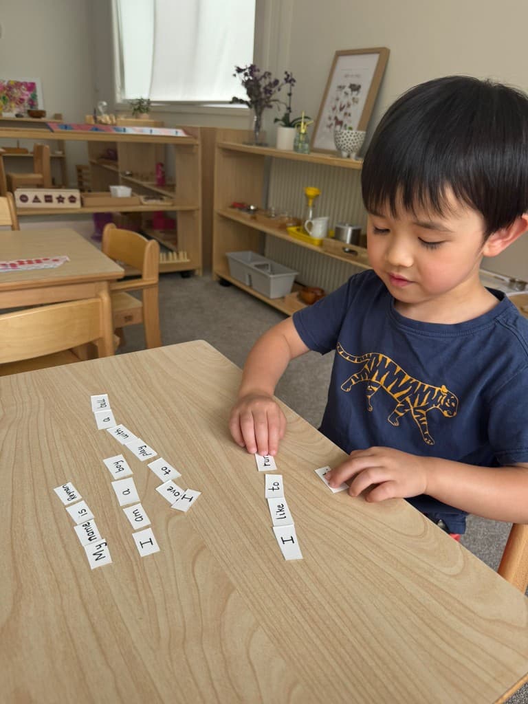 Child building sentences with word cards